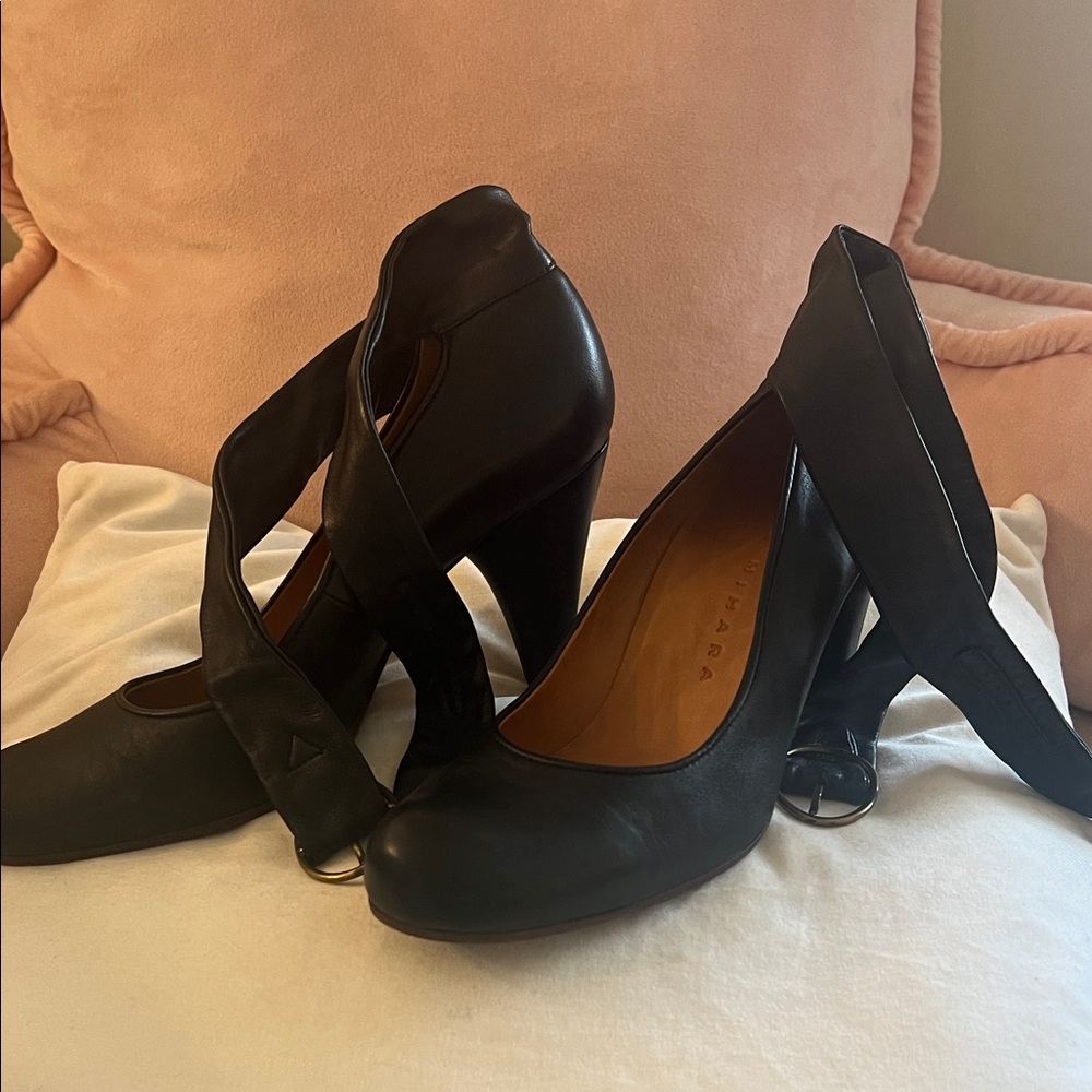 Chie Mihara Black Leather Heels with Strap Detail